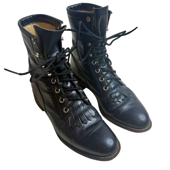 JUSTIN Boot Women's 6.5 Lace Up Roper Kiltie Boot Black Steampunk Cowgirl Combat - Picture 1 of 14